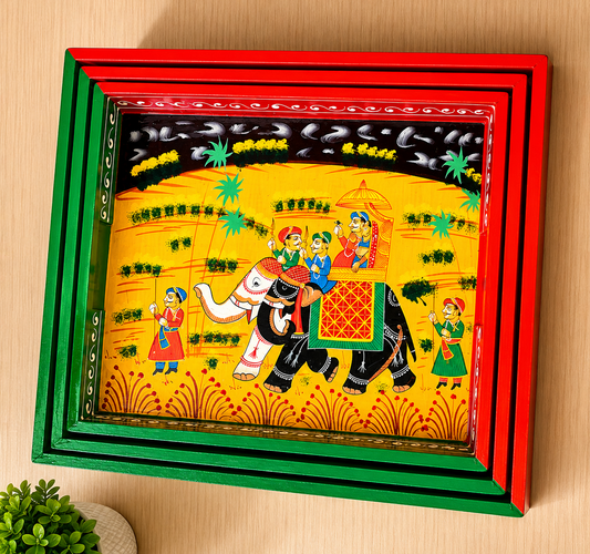 Royal Elephant Hand-Painted Wooden Tray Set of 3