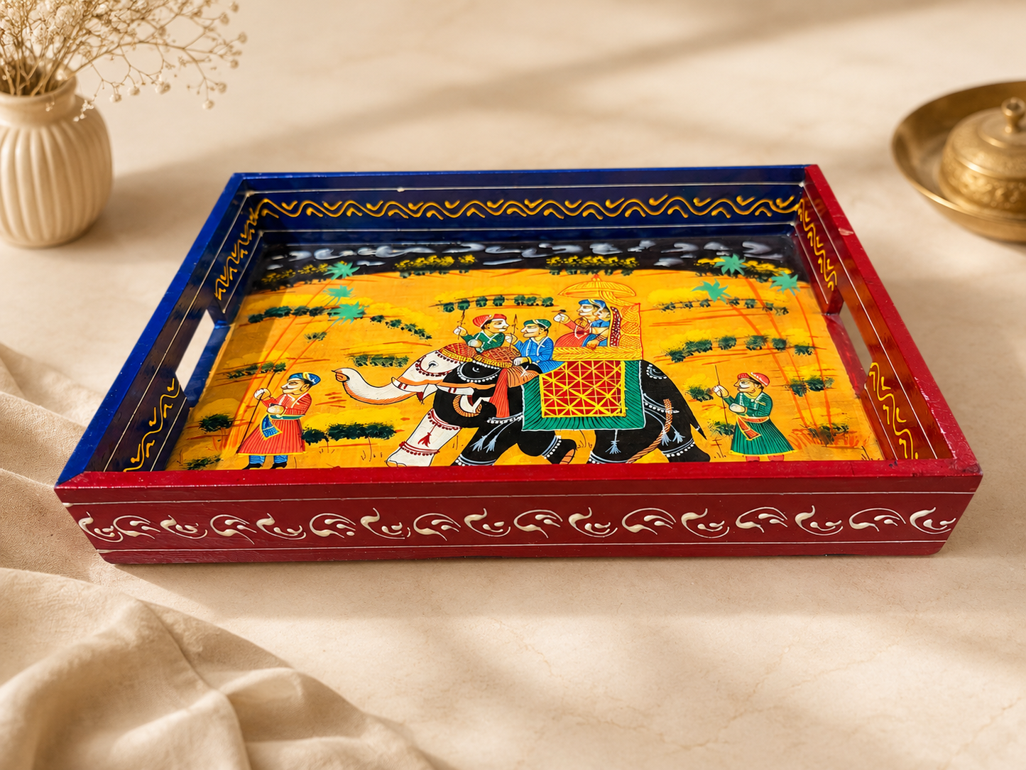 Blue Royal Elephant Hand-Painted Wooden Tray Set of 2