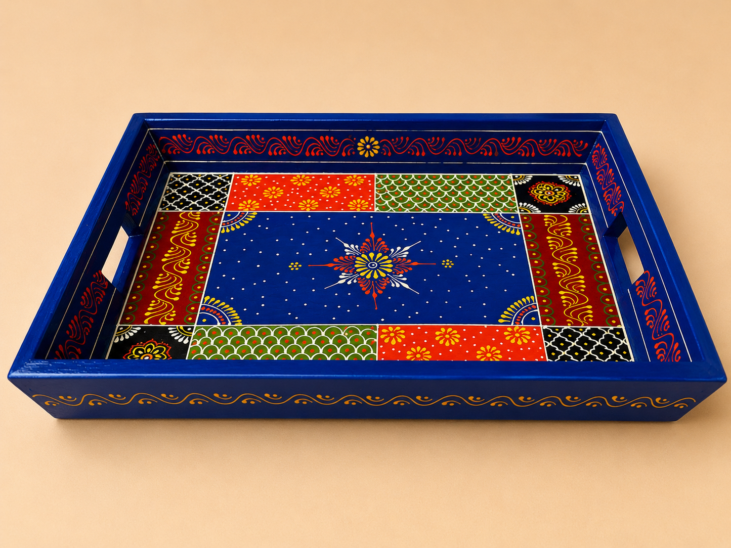 Blue Patchwork Hand-Painted Wooden Tray Set of 2