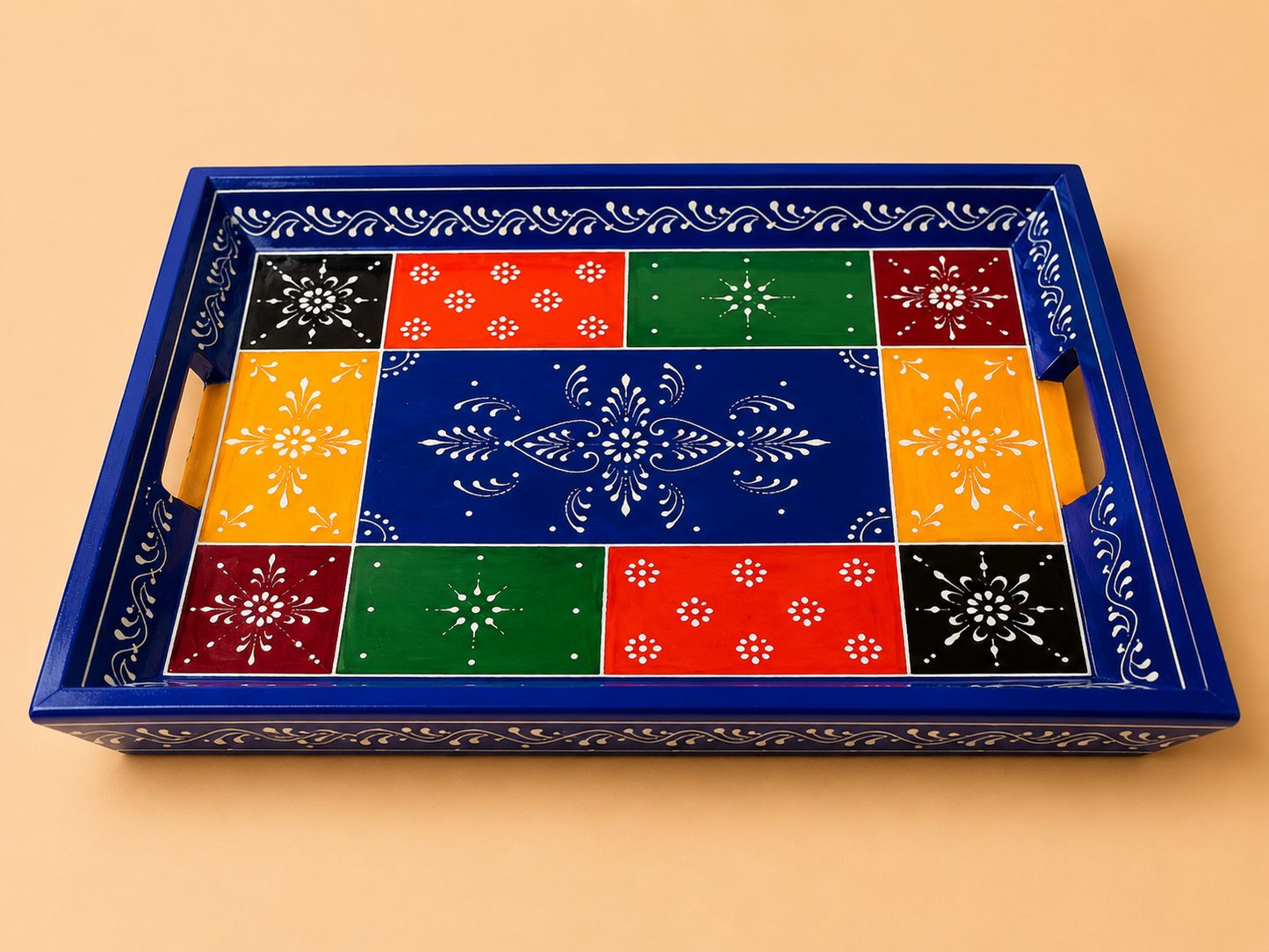 Multicolor Patchwork Hand-Painted Wooden Tray Set of 2