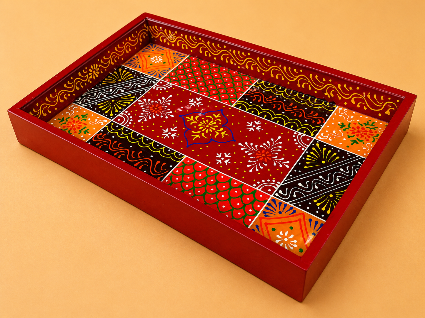 Red Patchwork Hand-Painted Wooden Tray Set of 2