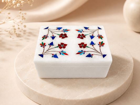 Handcrafted White Alabaster Jewellery Box with Floral Inlay – 3×4 Inch