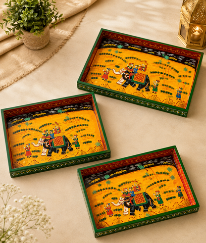 Royal Elephant Hand-Painted Wooden Tray Set of 3