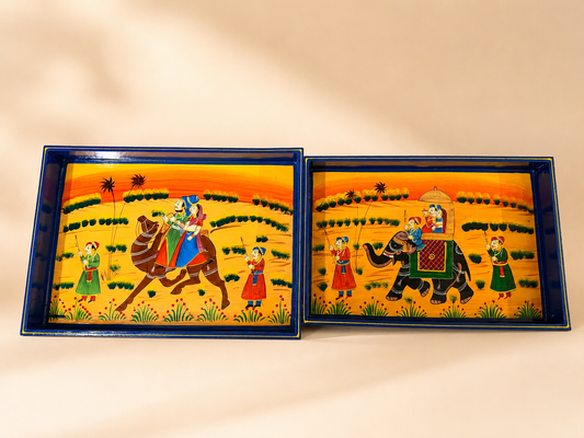 Royal Elephant & Horse Hand-Painted Wooden Tray Set of 2