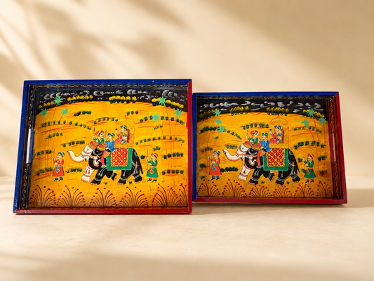 Blue Royal Elephant Hand-Painted Wooden Tray Set of 2