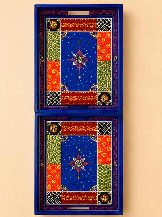 Blue Patchwork Hand-Painted Wooden Tray Set of 2