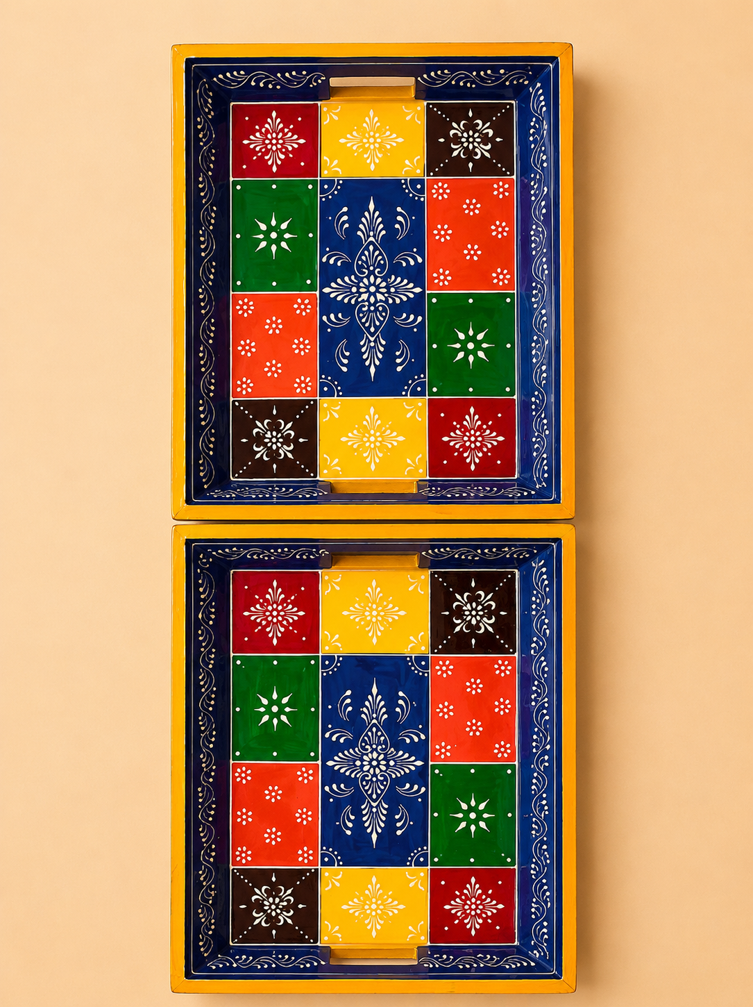 Multicolor Patchwork Hand-Painted Wooden Tray Set of 2
