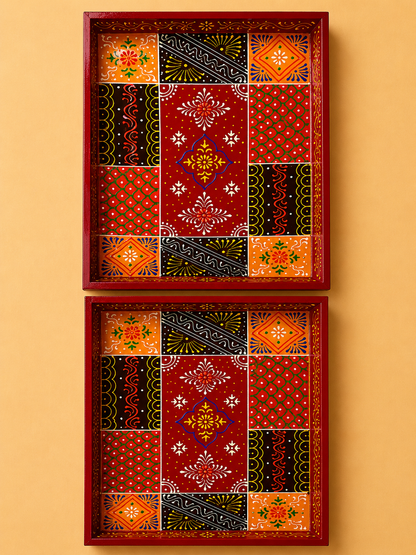 Red Patchwork Hand-Painted Wooden Tray Set of 2