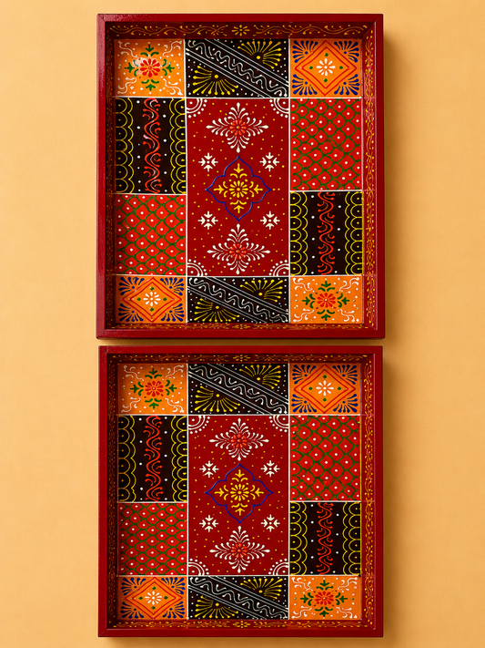 Red Patchwork Hand-Painted Wooden Tray Set of 2
