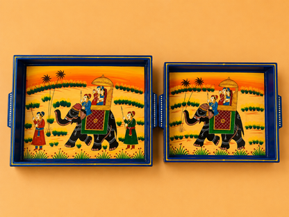 Royal Elephant Hand-Painted Wooden Tray Set of 2