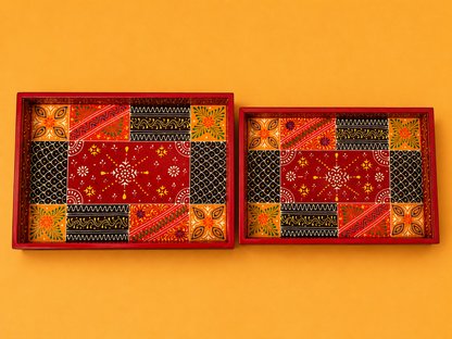 Red Geometric Folk Art Hand-Painted Wooden Tray Set of 2
