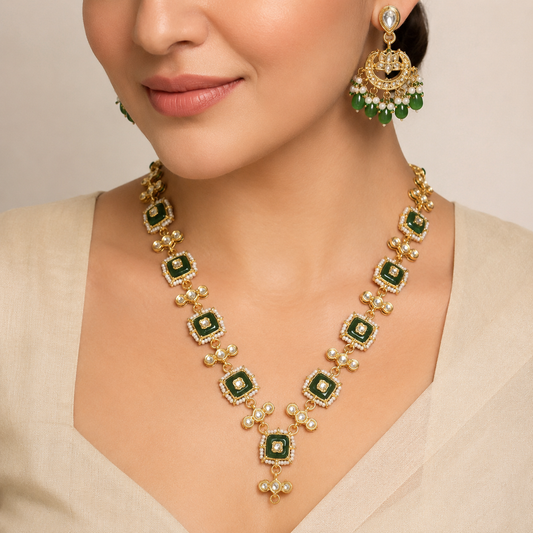 Emerald Green Indian Statement Necklace Set with Earrings