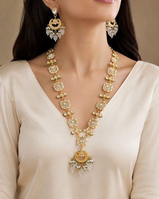 Ivory White Kundan-Style Necklace Set with Pearl Drop Earrings