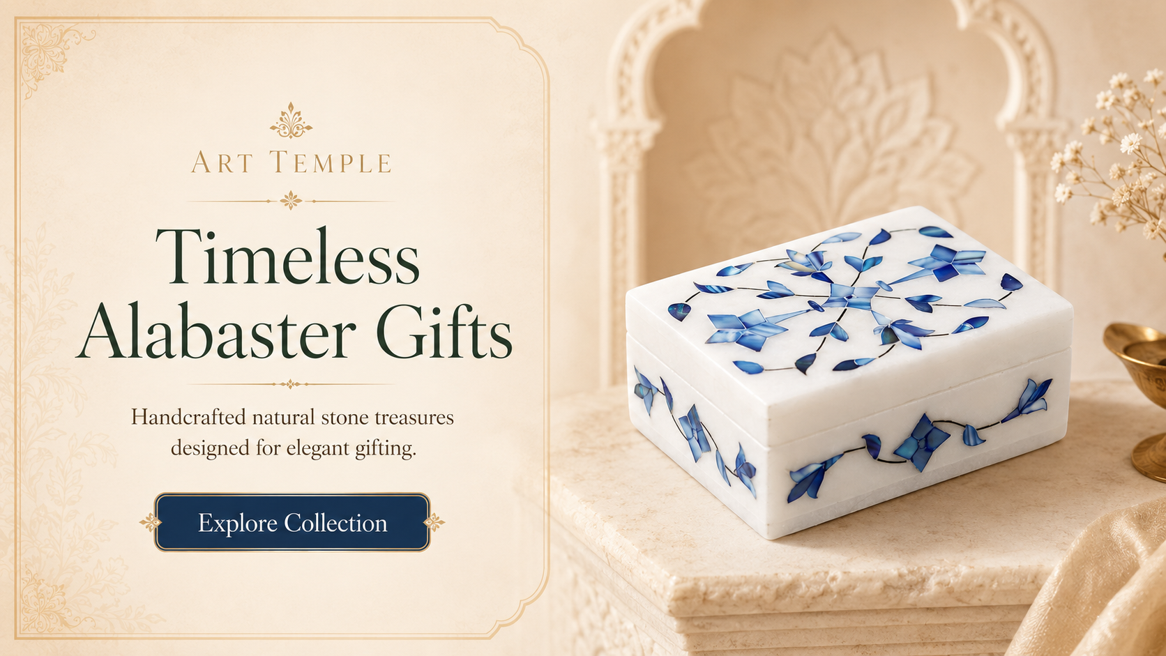Art Temple handcrafted alabaster jewellery box with blue floral design, elegant natural stone gift for home decor and premium gifting