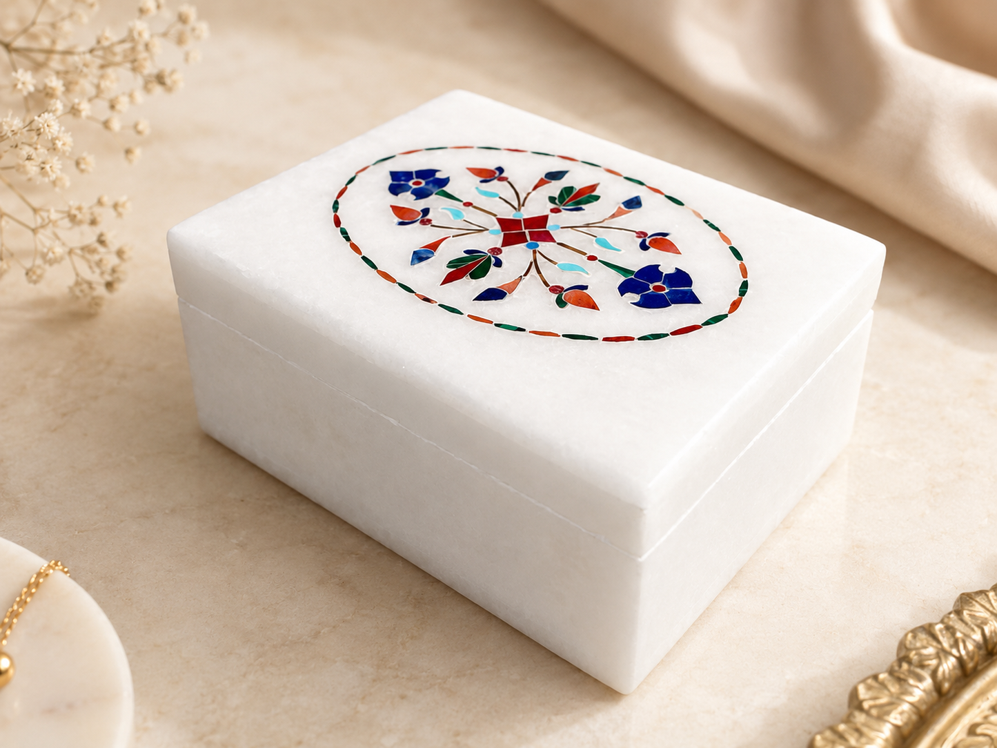 Handcrafted White Alabaster Jewellery Box with Floral Inlay – 3×4 Inch