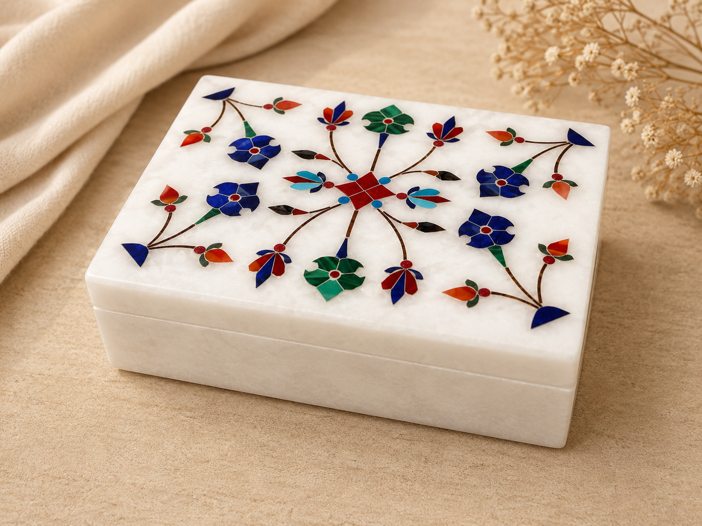 Handcrafted White Alabaster Jewellery Box with Floral Inlay – 3×4 Inch