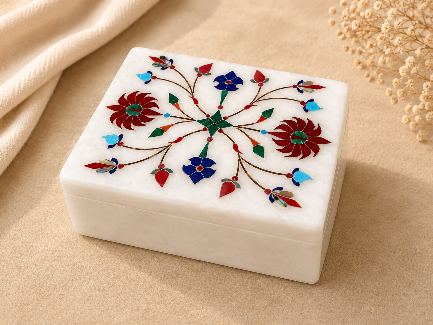 Handcrafted White Alabaster Jewellery Box with Floral Inlay – 3×4 Inch