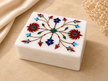 Handcrafted White Alabaster Jewellery Box with Floral Inlay – 3×4 Inch