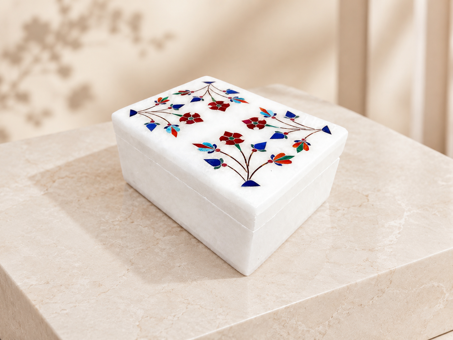 Handcrafted White Alabaster Jewellery Box with Floral Inlay – 3×4 Inch
