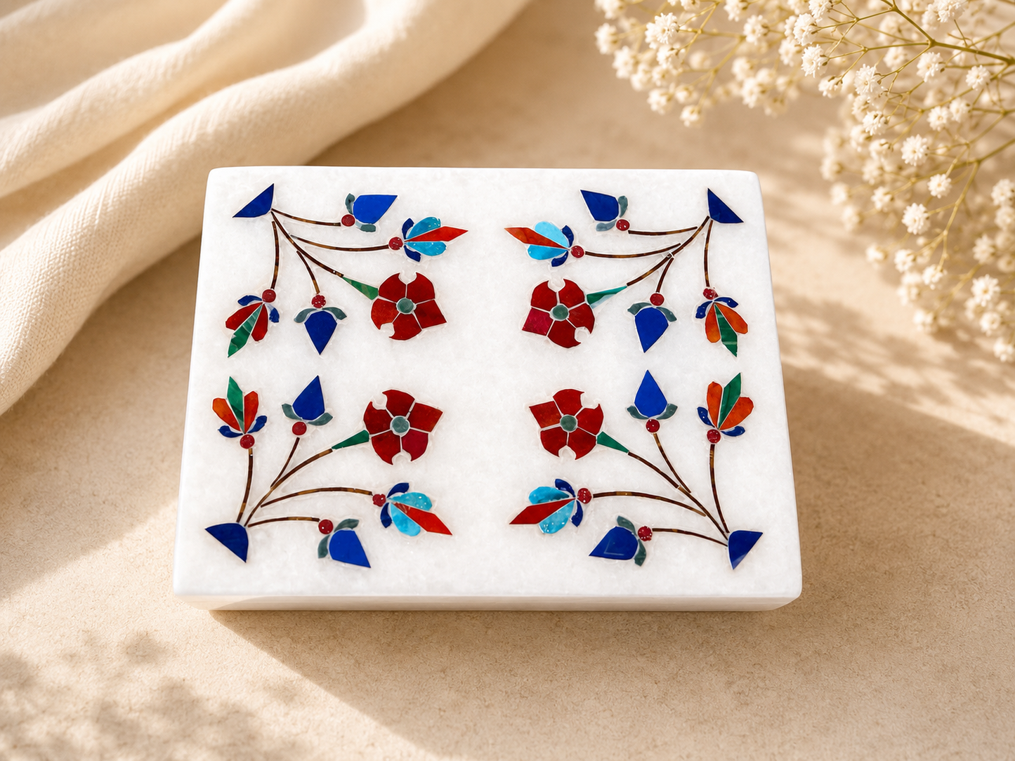 Handcrafted White Alabaster Jewellery Box with Floral Inlay – 3×4 Inch