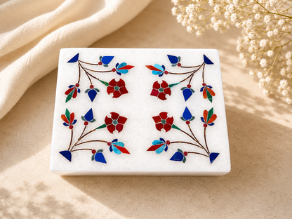 Handcrafted White Alabaster Jewellery Box with Floral Inlay – 3×4 Inch