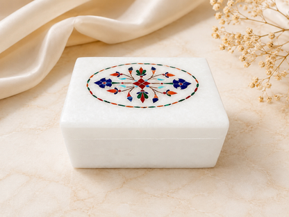 Handcrafted White Alabaster Jewellery Box with Floral Inlay – 3×4 Inch