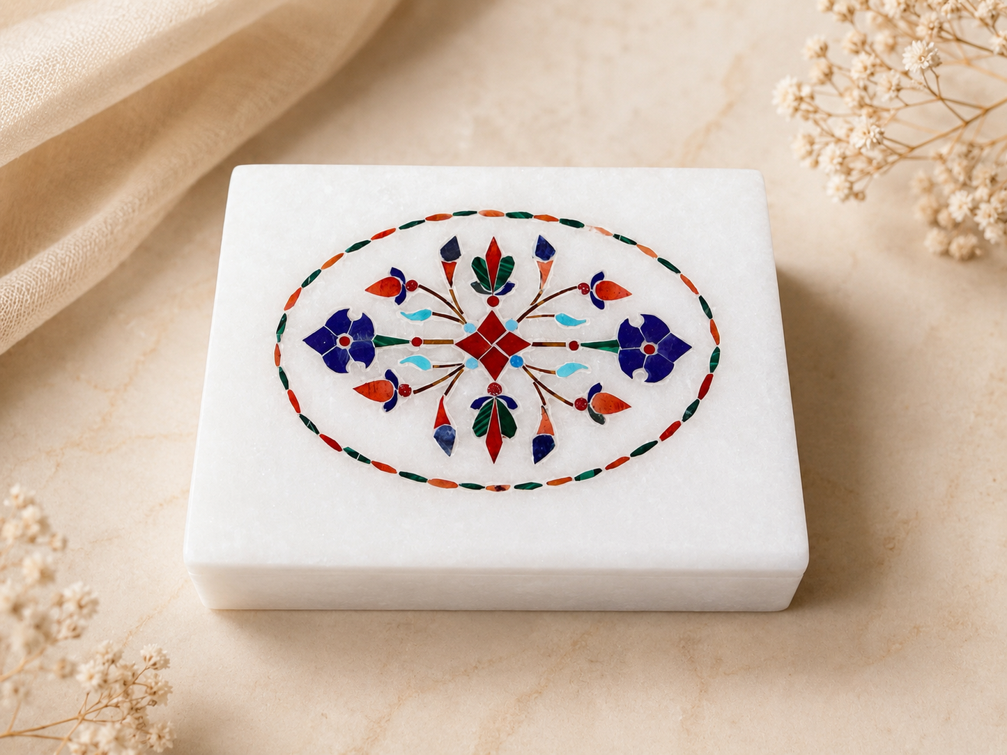 Handcrafted White Alabaster Jewellery Box with Floral Inlay – 3×4 Inch