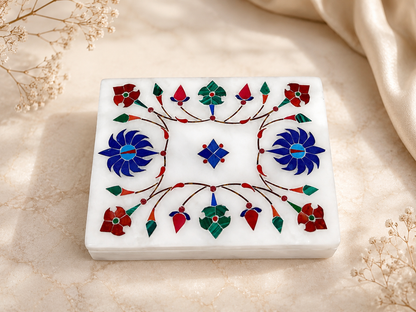 Handcrafted White Alabaster Jewellery Box with Floral Inlay – 3×4 Inch