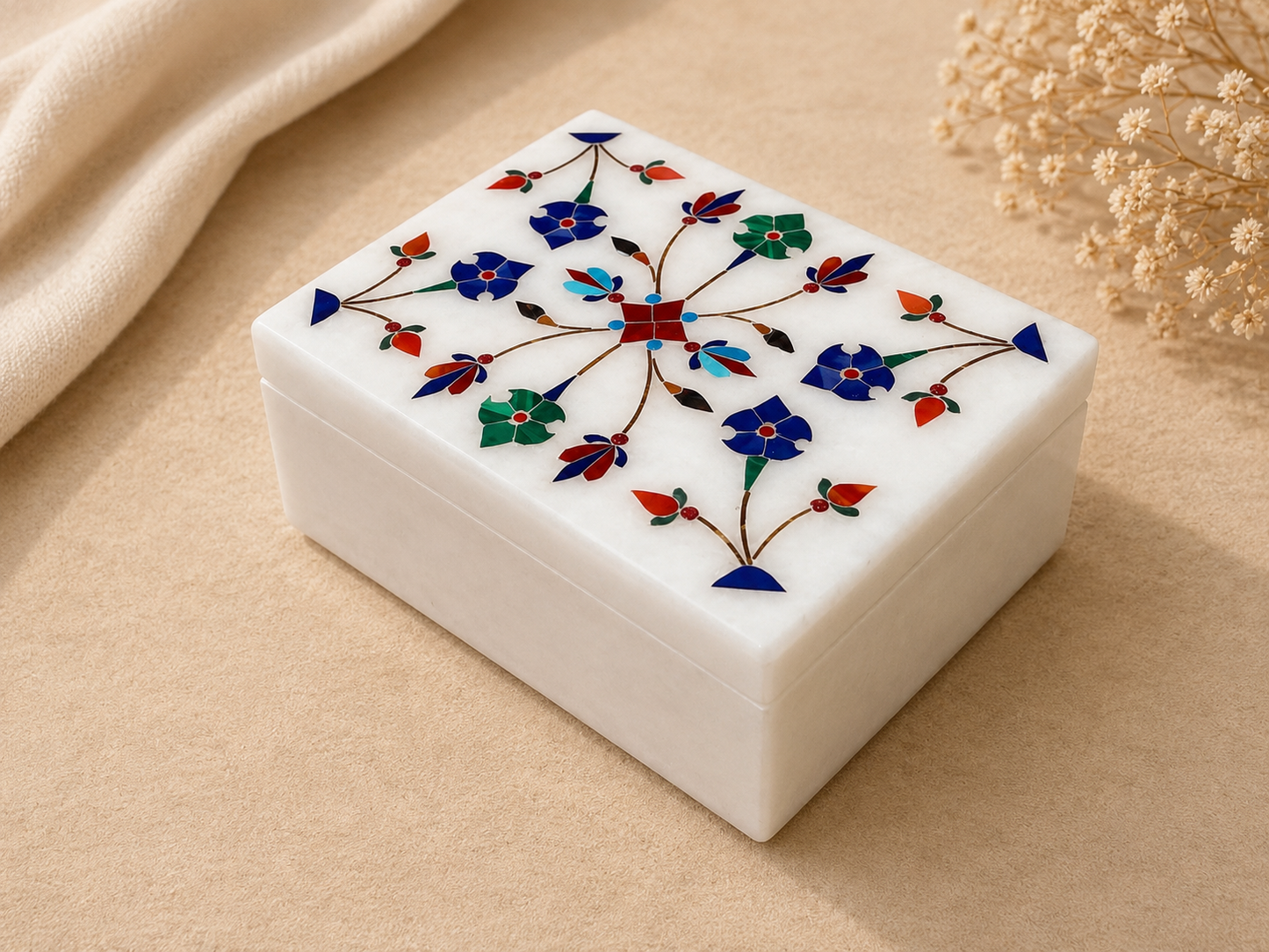 Handcrafted White Alabaster Jewellery Box with Floral Inlay – 3×4 Inch
