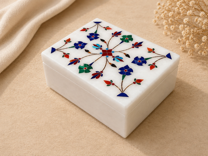 Handcrafted White Alabaster Jewellery Box with Floral Inlay – 3×4 Inch