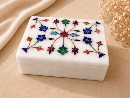 Handcrafted White Alabaster Jewellery Box with Floral Inlay – 3×4 Inch