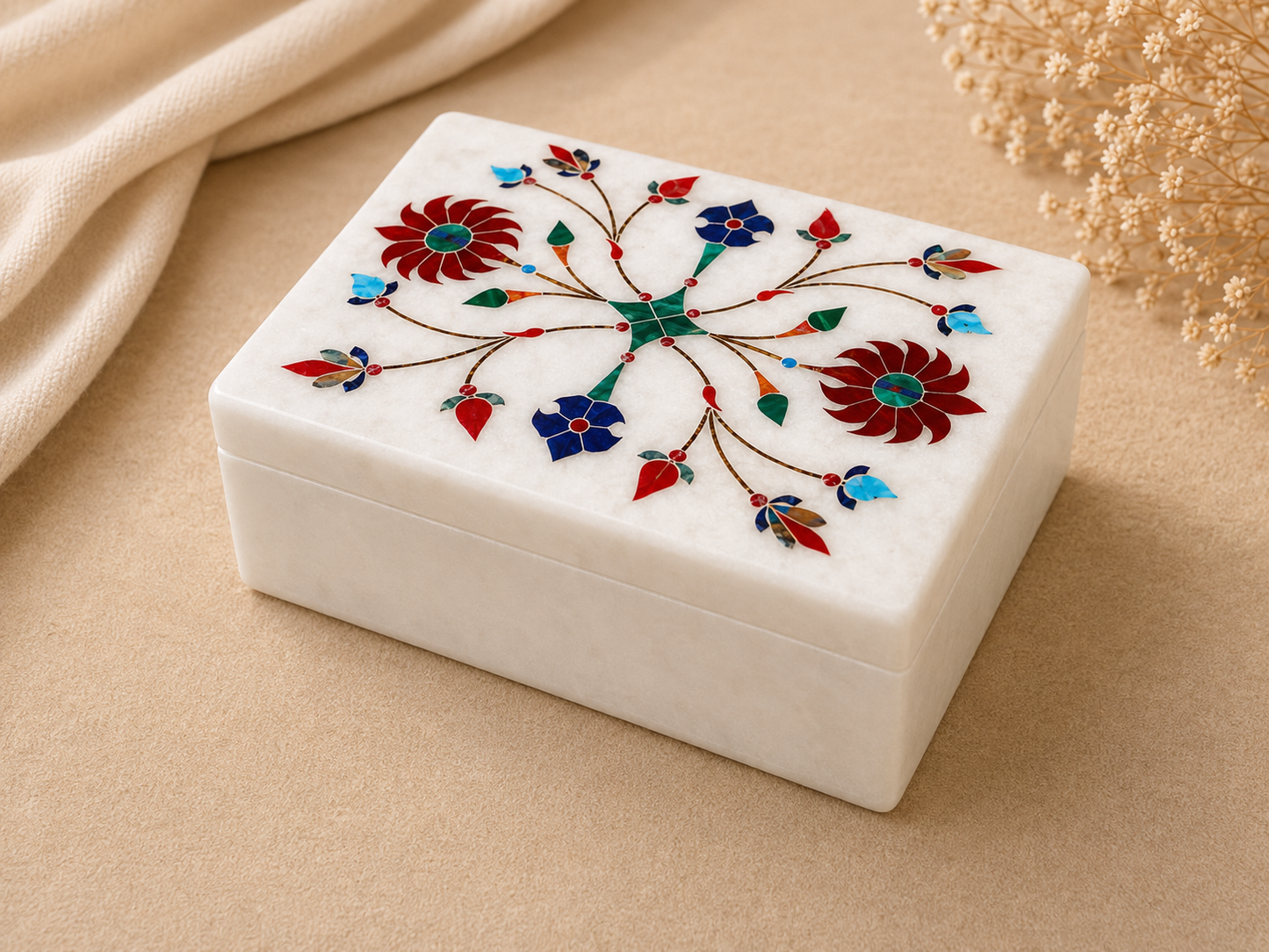 Handcrafted White Alabaster Jewellery Box with Floral Inlay – 3×4 Inch