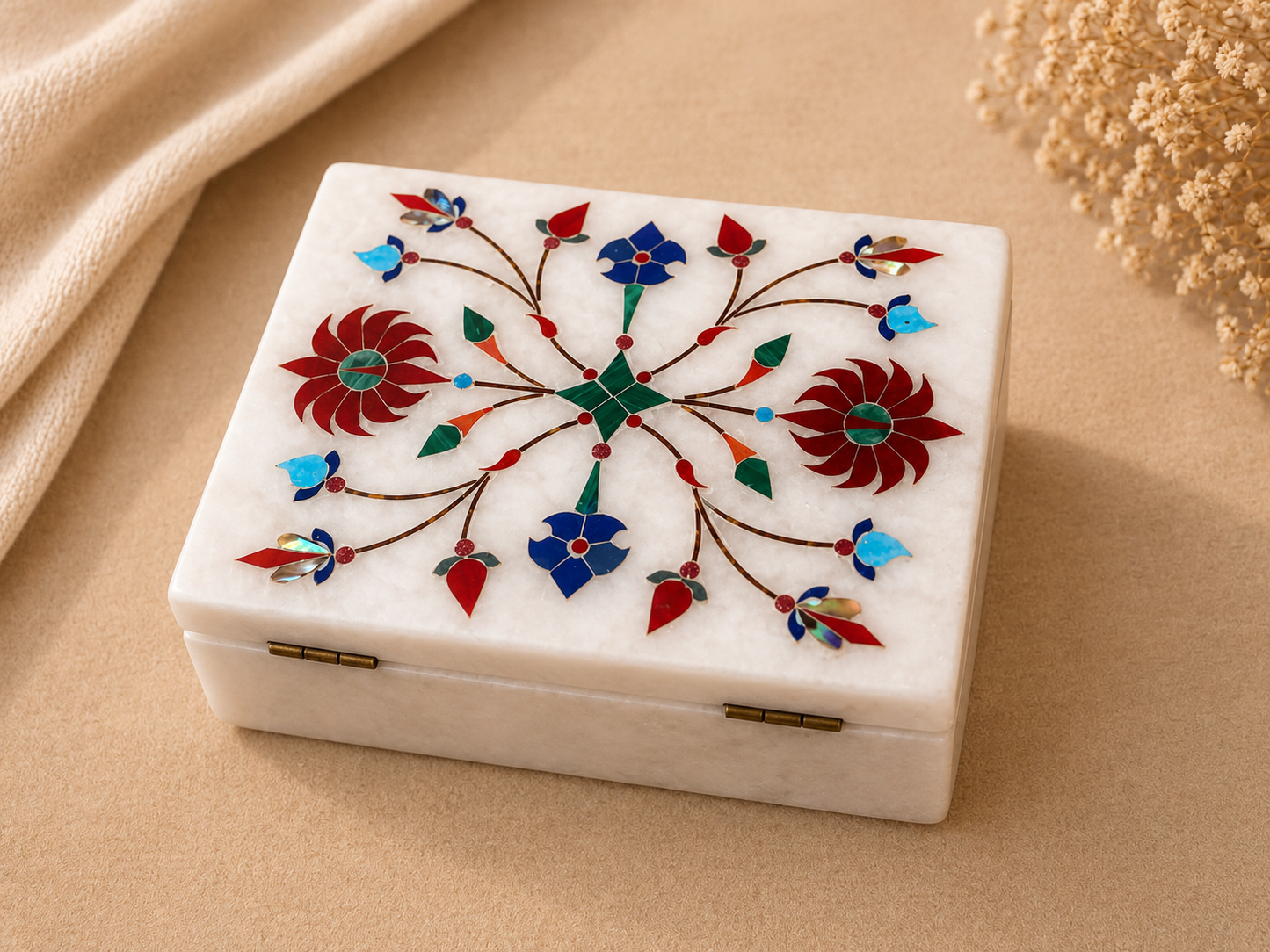 Handcrafted White Alabaster Jewellery Box with Floral Inlay – 3×4 Inch