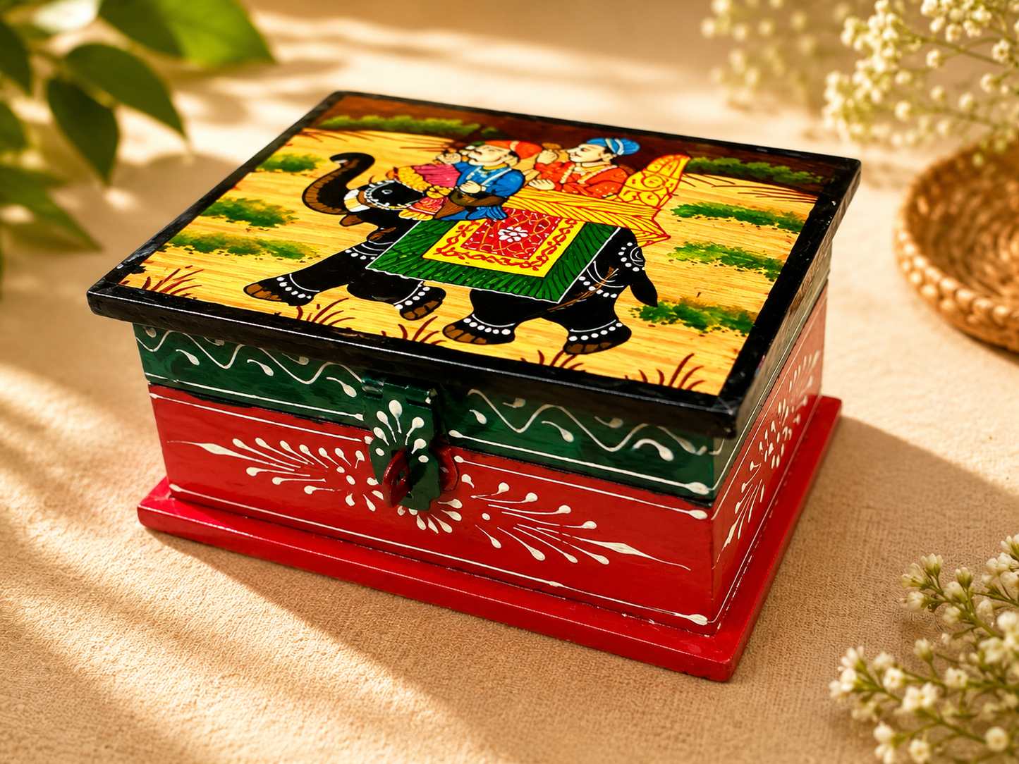 Hand-Painted Small Wooden Jewellery Box – Royal Elephant Art