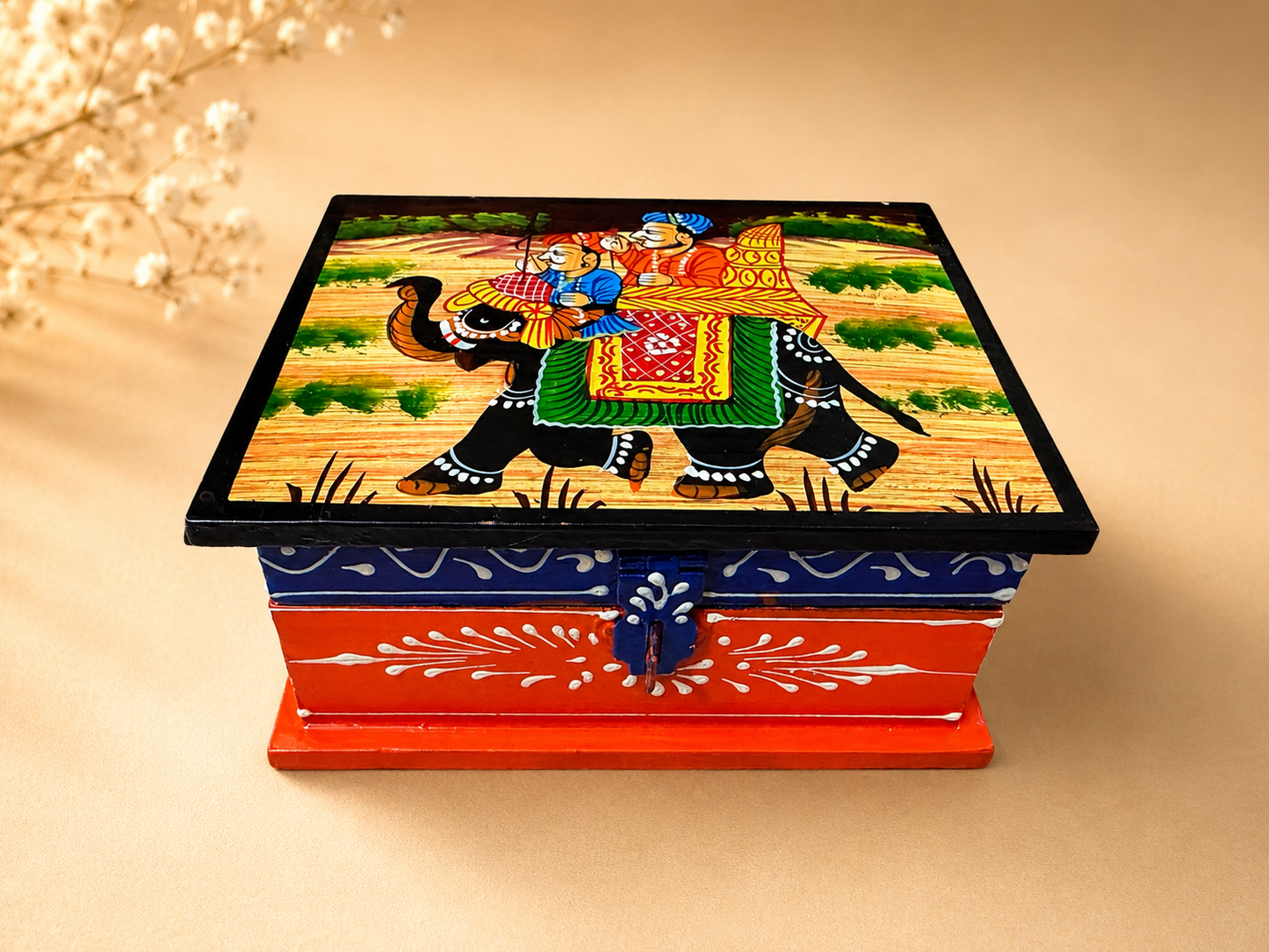 Hand-Painted Small Wooden Jewellery Box – Royal Elephant Art