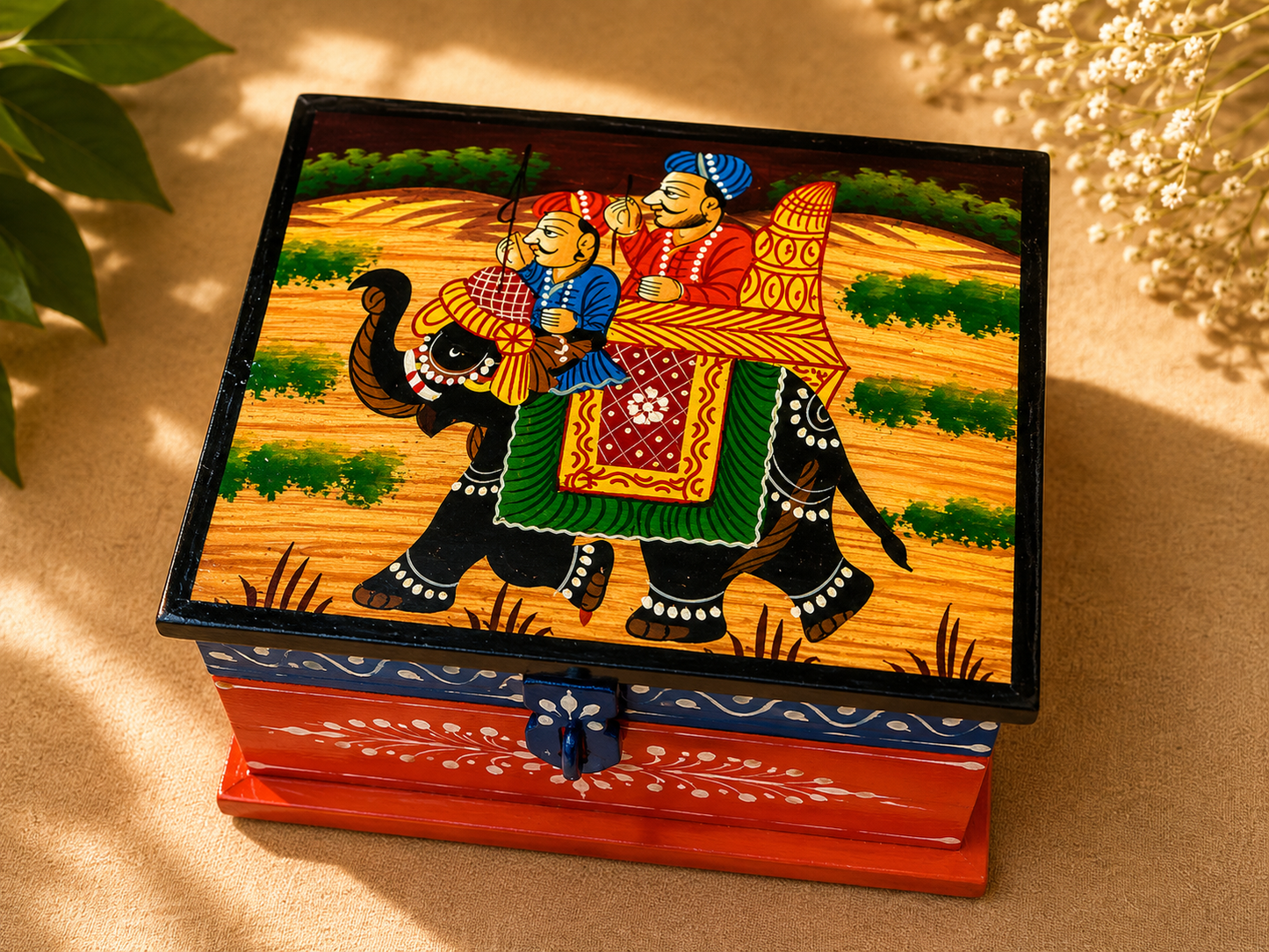 Hand-Painted Small Wooden Jewellery Box – Royal Elephant Art