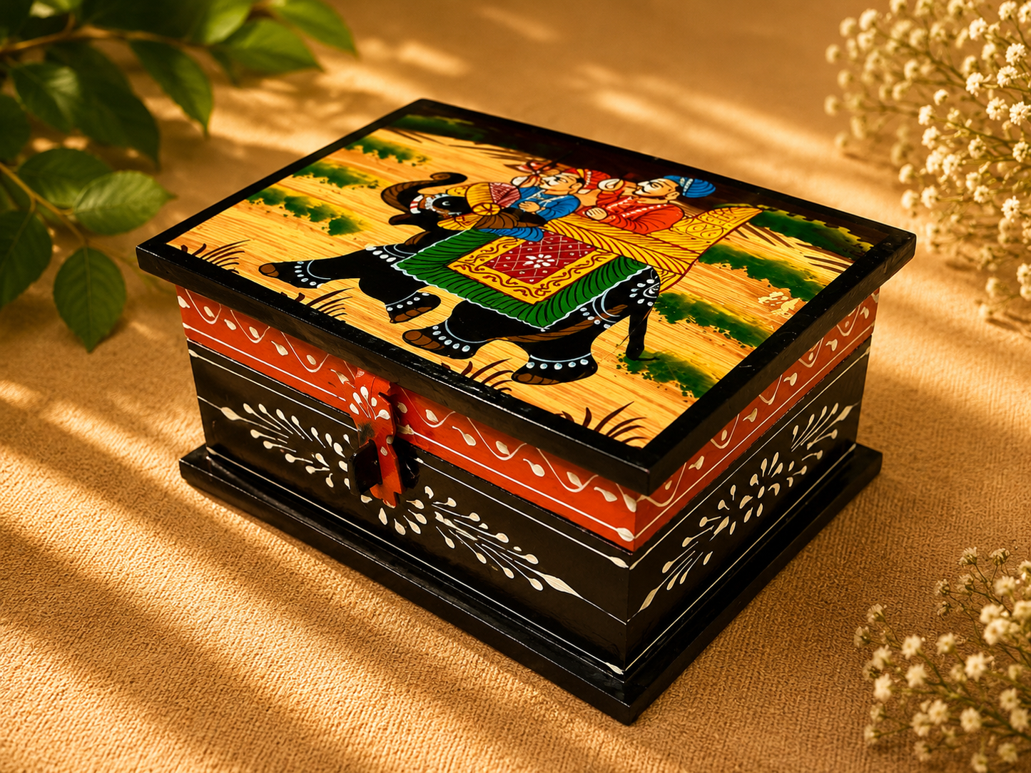 Hand-Painted Small Wooden Jewellery Box – Royal Elephant Art