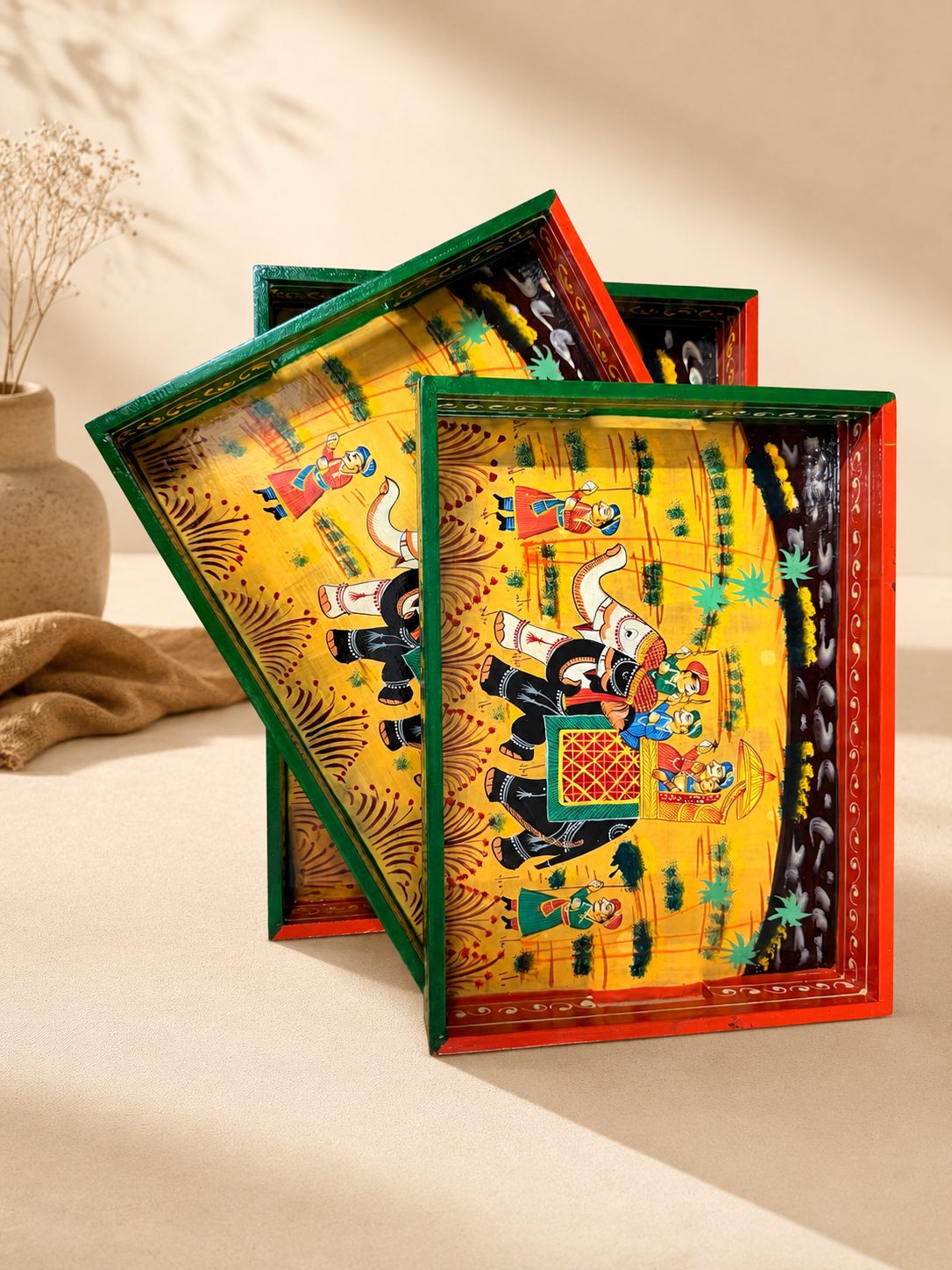 Royal Elephant Hand-Painted Wooden Tray Set of 3