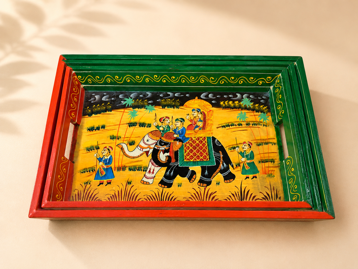 Royal Elephant Hand-Painted Wooden Tray Set of 3