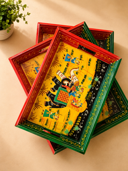Royal Elephant Hand-Painted Wooden Tray Set of 3