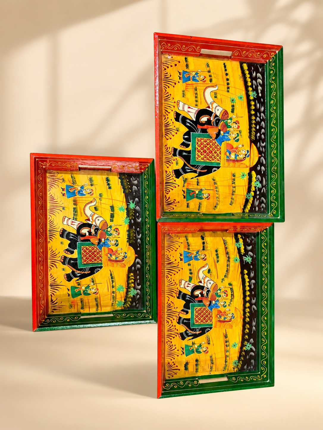 Royal Elephant Hand-Painted Wooden Tray Set of 3