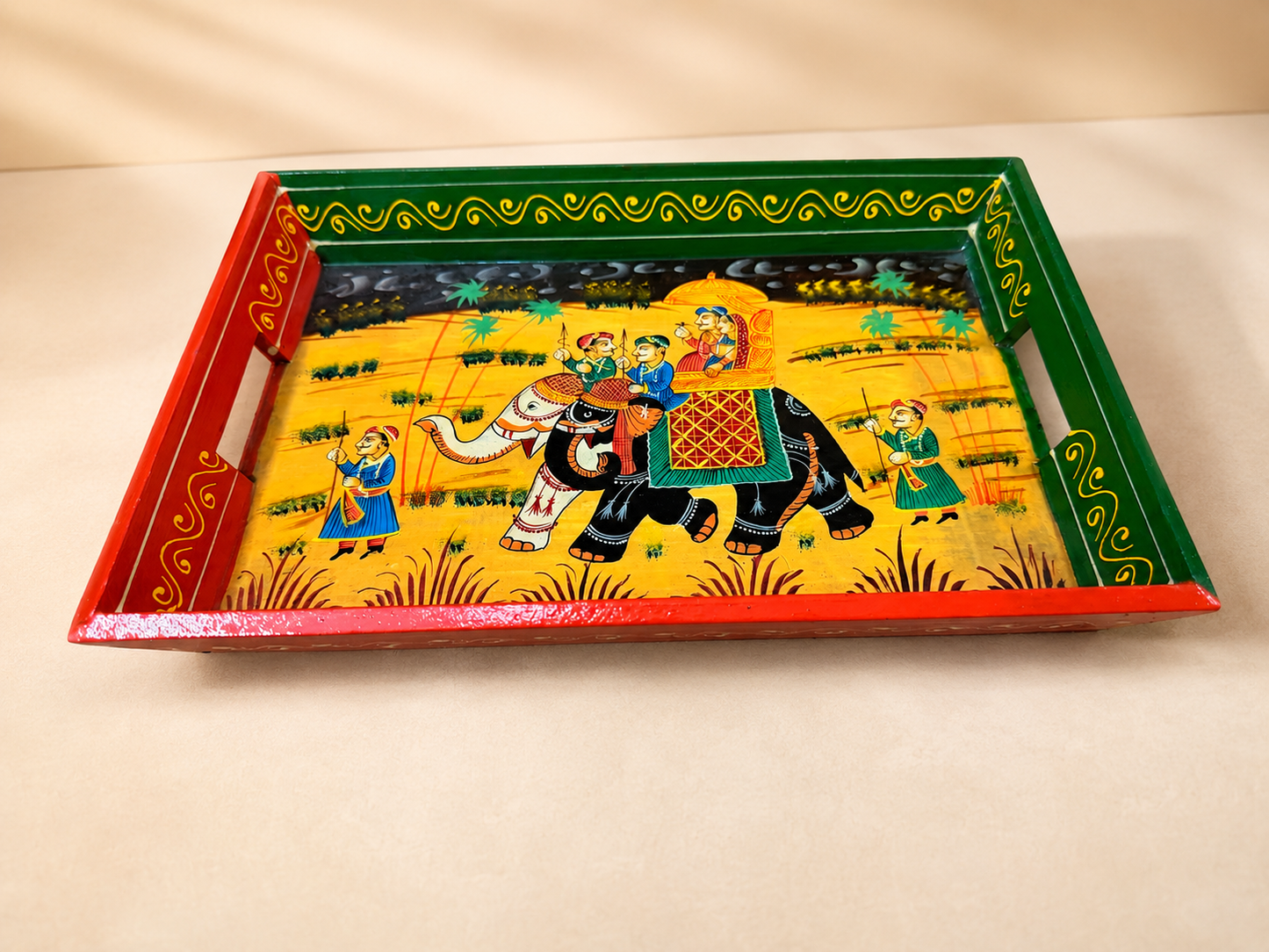 Royal Elephant Hand-Painted Wooden Tray Set of 3