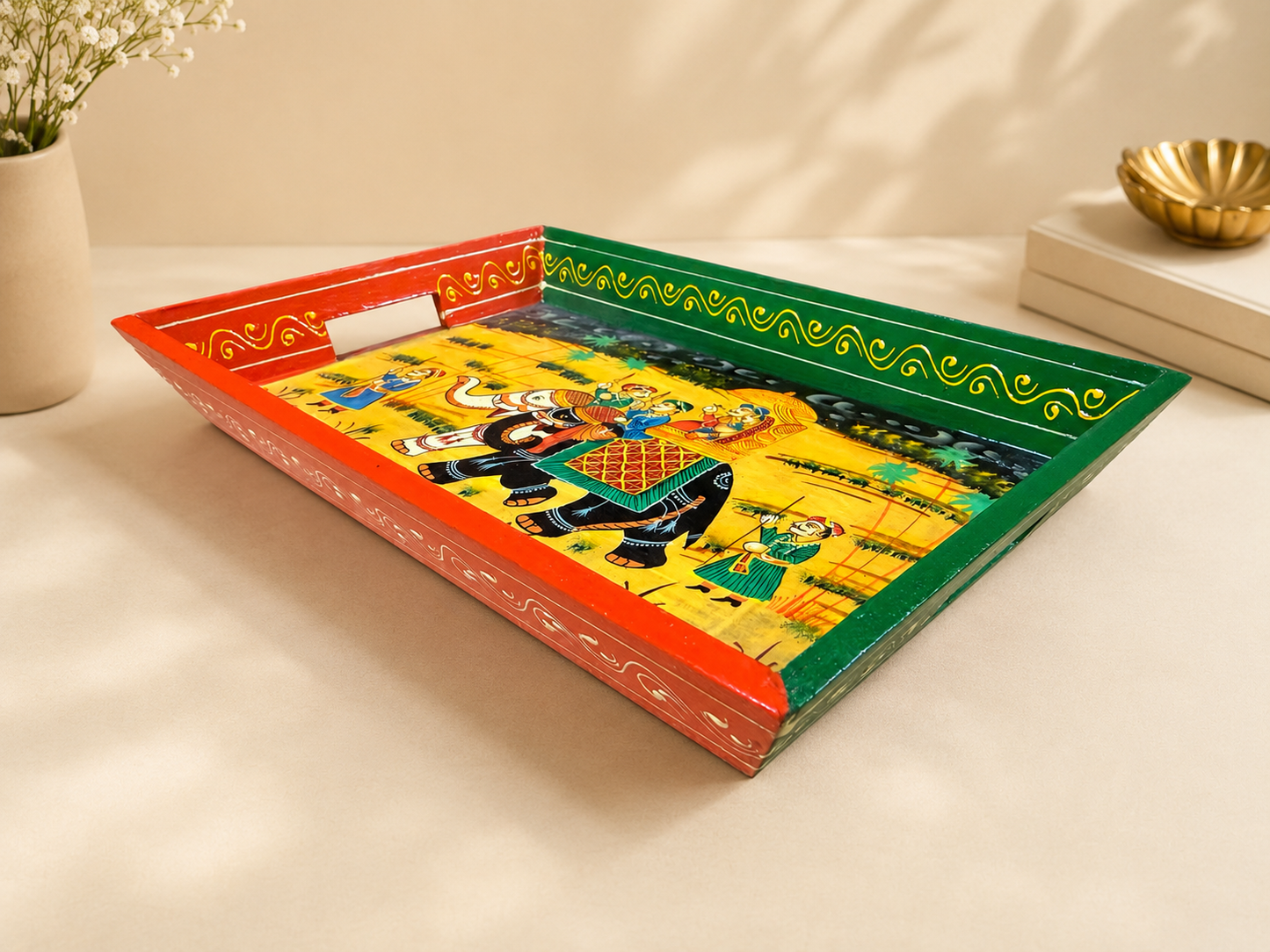 Royal Elephant Hand-Painted Wooden Tray Set of 3