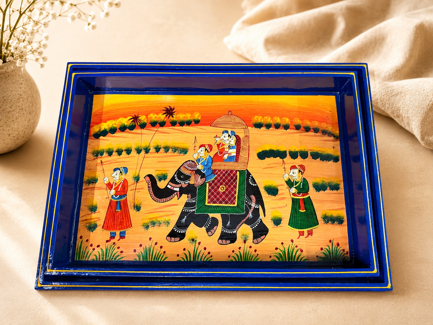 Royal Elephant & Horse Hand-Painted Wooden Tray Set of 2