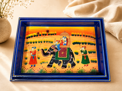 Royal Elephant & Horse Hand-Painted Wooden Tray Set of 2