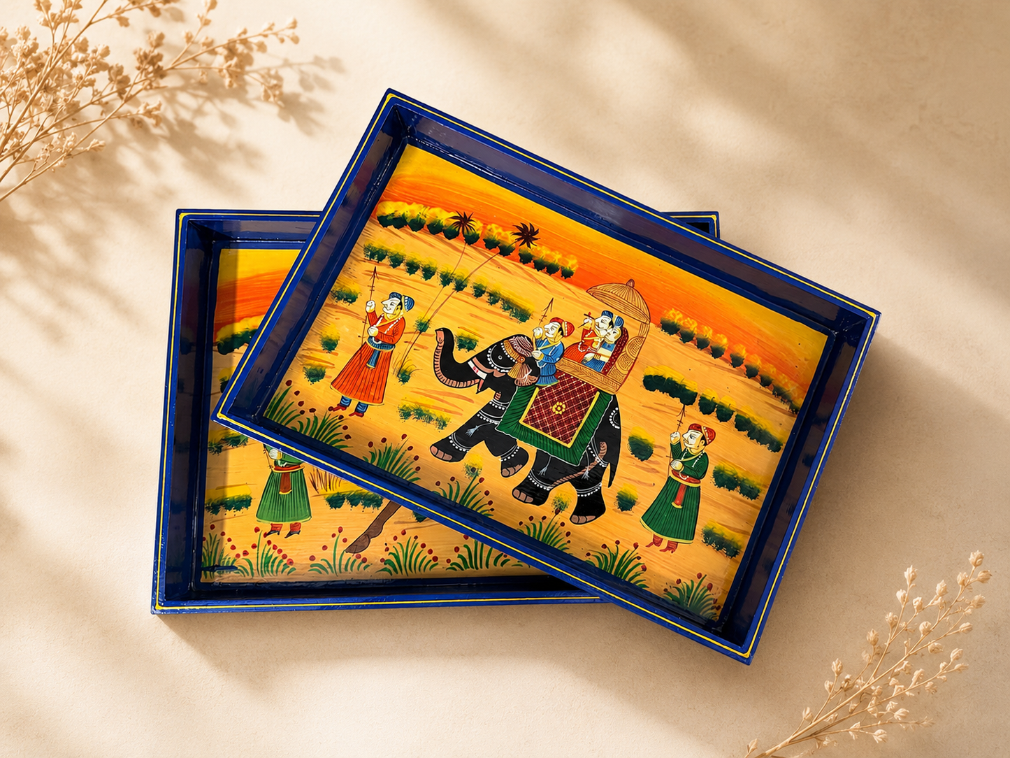 Royal Elephant & Horse Hand-Painted Wooden Tray Set of 2