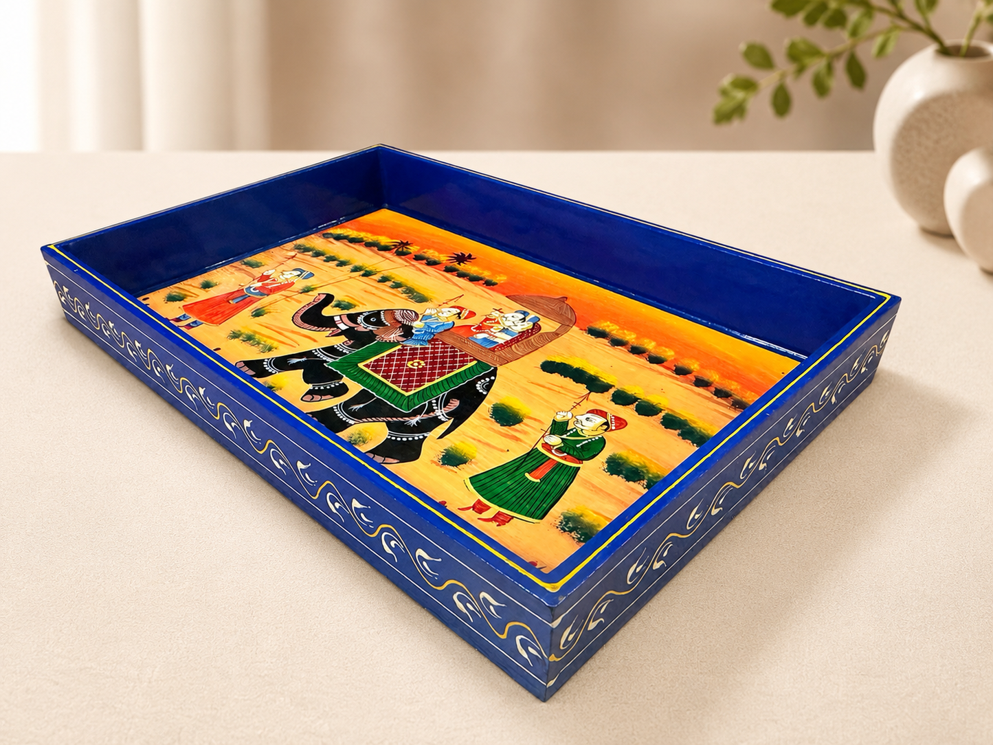 Royal Elephant & Horse Hand-Painted Wooden Tray Set of 2