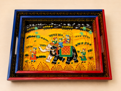 Blue Royal Elephant Hand-Painted Wooden Tray Set of 2