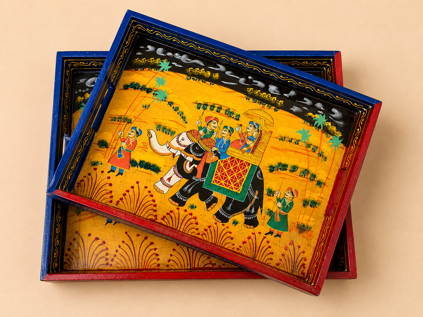 Blue Royal Elephant Hand-Painted Wooden Tray Set of 2