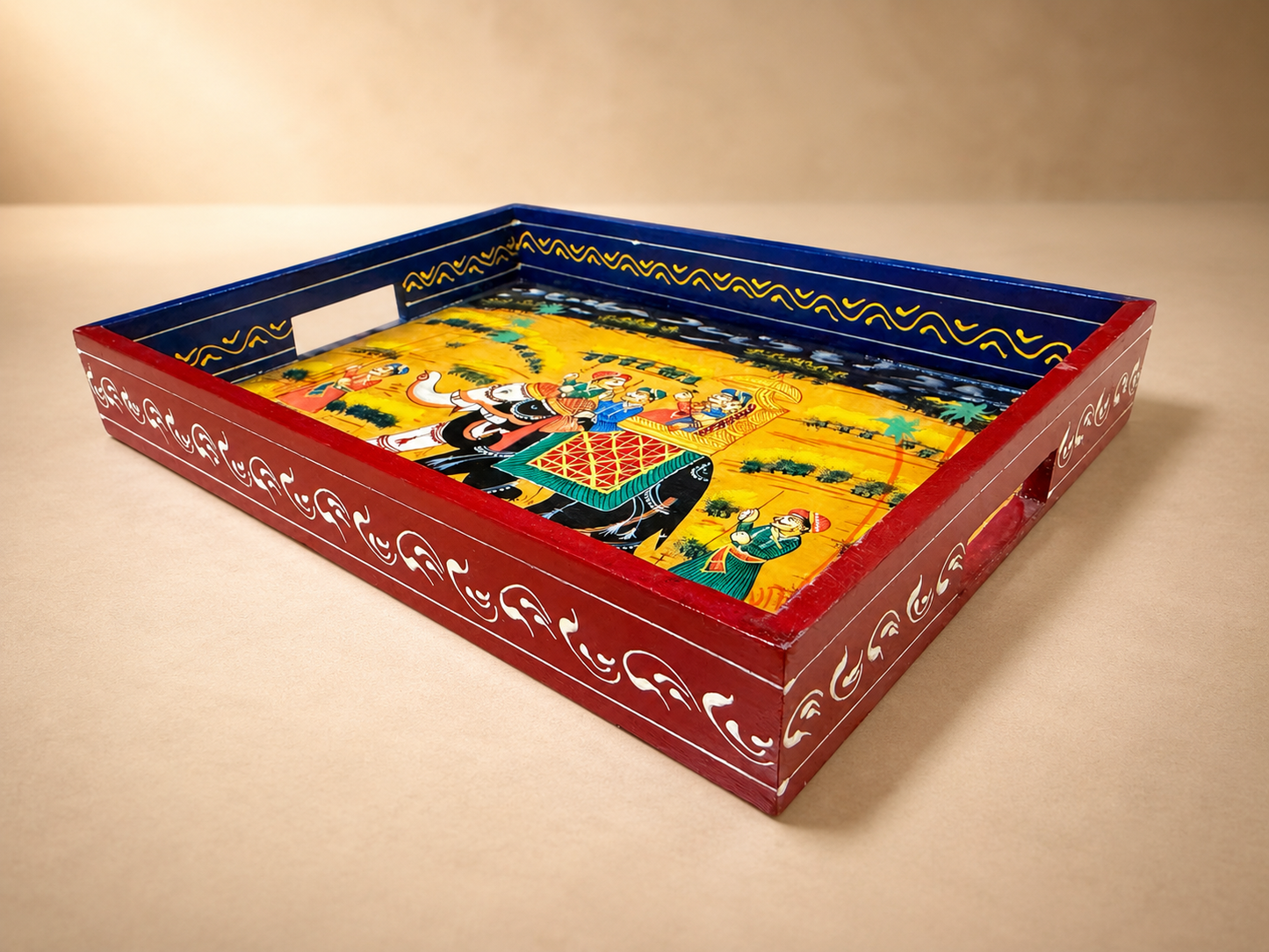 Blue Royal Elephant Hand-Painted Wooden Tray Set of 2